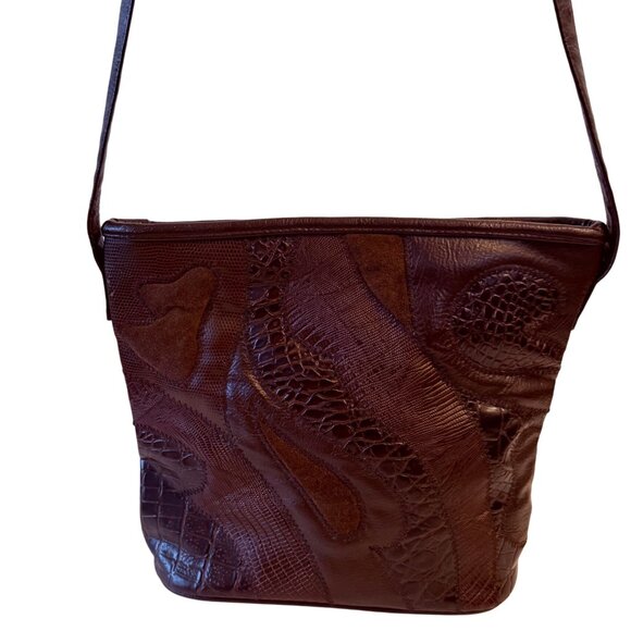 Patchwork Crossbody Bucket Bag Vintage 80s Brown Retro Hobo Purse Exotic Fashion - Picture 3 of 15